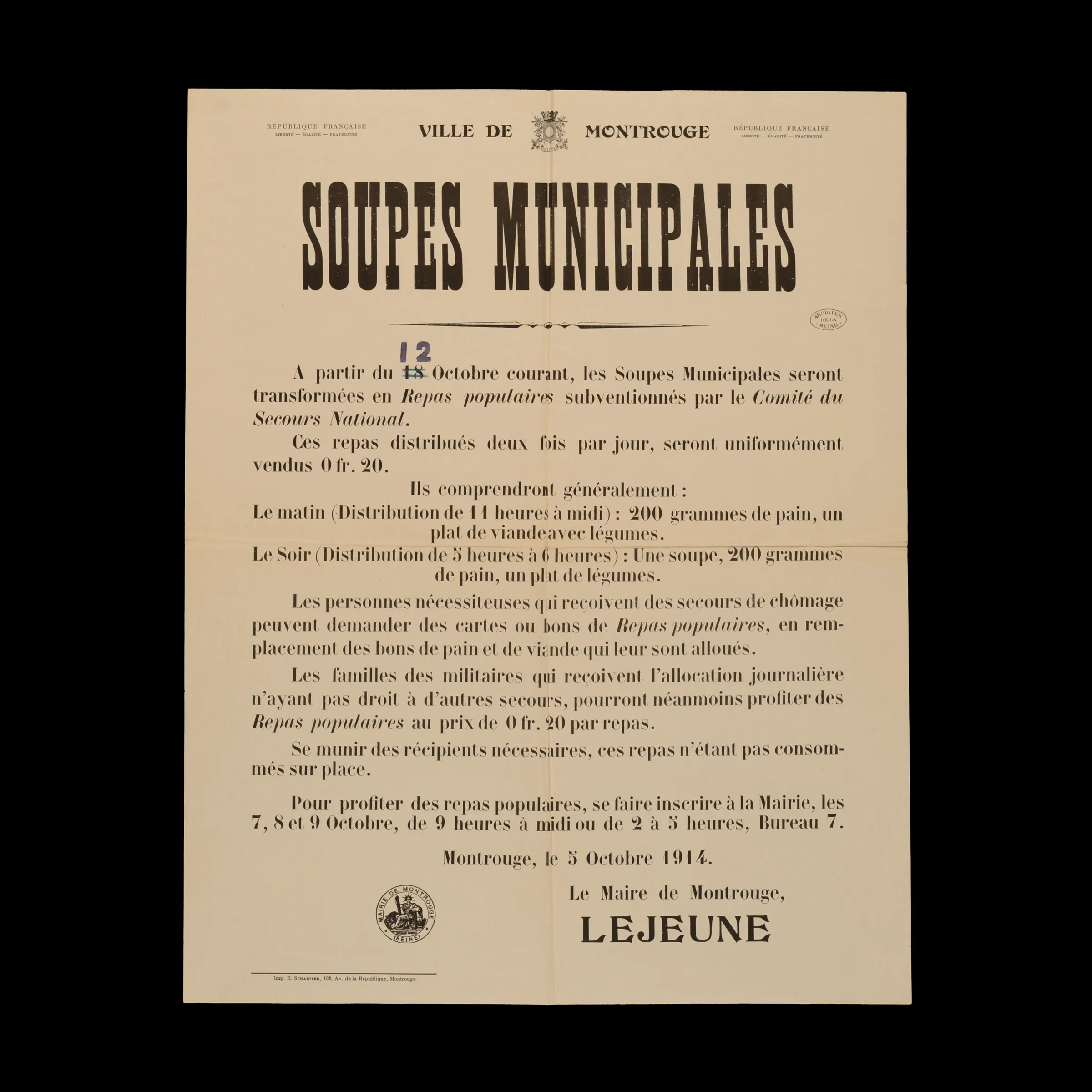 Soupe municipale poster – Hauts-de-Seine Departmental Archive, 1914.
